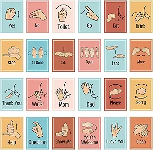 Aposwow Sign Language Posters for Classroom - 24Pcs Common Words and Phrases Hand Sign Language Cards for Kids Baby Toddlers, ASL American Signal Language Posters School Classroom Decor