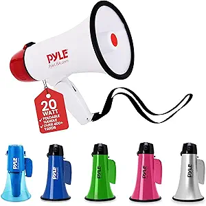 Pyle 20W Megaphone Bullhorn - 5.4'' x 8.6'' Portable Megaphone, Projection Range Up to 800 Sq. Yards, Voice Talking & Siren Alert, Shoulder Strap, Battery Operated, (White)