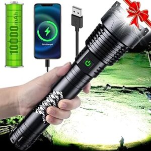 Super Bright LED Flashlight, 6000 High Lumens Rechargeable Flashlights with Long Handle, 10000mAh Battery Zoomable 5 Modes for Outdoor Camping, Emergencies