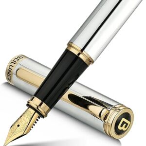 BEILUNER Silver Chrome Fountain Pen,Stunning Luxury Pens with 24K Gold Accents, Gorgeous 24K Gilded Nib(Medium), Ink Converter,Fancy Pen Gift for Men&Women-Elegant, Office, Executive,Nice for Writing