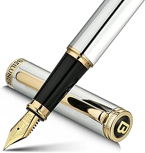 BEILUNER Silver Chrome Fountain Pen,Stunning Luxury Pens with 24K Gold Accents, Gorgeous 24K Gilded Nib(Medium), Ink Converter,Fancy Pen Gift for Men&Women-Elegant, Office, Executive,Nice for Writing