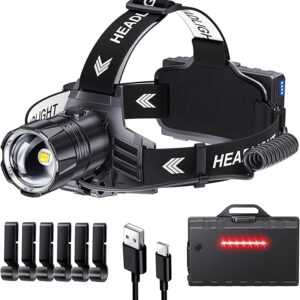 Sinvimes 3000 Lumen LED Rechargeable Headlamp, 95H Long Battery Life Head Lamp with 5 Modes & IPX7 Waterproof & Zoomable, 120° Adjustable Head Light for Adults, Outdoor, Camping, Hardhat