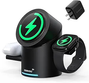 ZEEHOO 3 in 1 Charging Station for Apple Devices, Mag-Safe Charger Stand, Qi2 15W Auto-Rotating Wireless Charging Station for iPhone 15/14/13/12 Series& AirPods& iWatch