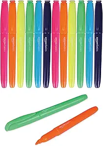 Amazon Basics Highlighters, Fluorescent Ink, Chisel Tip, Assorted Colors, School Supplies, 12 Pack