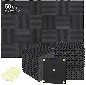 50 Pack Acoustic Foam Panels 1" x 12" x 12" Sound Proof Foam Panles Soundproofing Noise Cancelling Wedge Panels for Home Office Recoding Studio with 300PCS Double-Side Adhesive