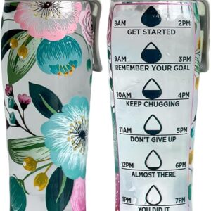 50 Strong Reusable Water Bottle with Time Markers – 30 oz BPA-Free Leakproof Bottle with Chug Cap & Easy-Carry Handle – Made in USA (Pretty Flowers)