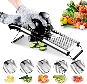 VEKAYA Mandoline Slicer, Mandoline Slicer for Kitchen, Adjustable Mandolin, Stainless Steel Mandoline, Vegetable Slicer, Potato, Onion, Cucumber, Tomato, Veggie Slicer with Cut-Resistant Gloves