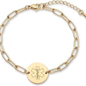 Medical Alert ID Bracelet for Women, Paperclip Adjustable Customized Medic Jewelry 18k Gold Rose Silver, Personalized Engraving, Hypoallergenic Waterproof, Includes Gift Box & Med ID Wallet Card