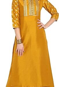 Janasya Indian Women's Mustard Embellished Kurta Kurti Top Tunic Festive Party wear Kurta with Palazzo Set for Women