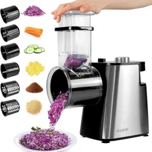 Anatole Electric Cheese Grater Stainless Steel Vegetable Shredder 6 Blades 250W Large Inlet Outlet BPA-Free 110V
