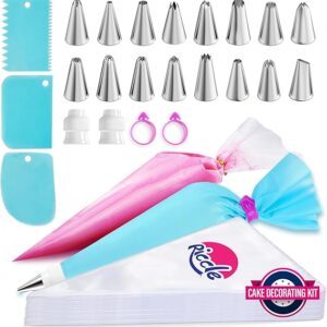 Riccle Piping Bags and Tips Set, 11.8 Inch 100 Anti Burst Piping Bags, 124 Pcs Cake Decorating Kit with 16 Piping Tips, 1 Reusable Pastry Bags, 3 Cake Scrapers, 2 Couplers, and 2 Icing Bags Ties