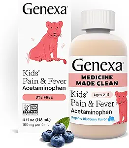 Genexa Kids’ Clean Pain & Fever Acetaminophen, Dye Free, 0% Artificial Additives, Delicious Organic Blueberry Flavor, Liquid Oral Suspension Medicine for Children 2-11, 160 mg per 5mL, 4 fl oz