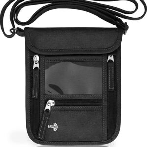 WALNEW Passport Holder Neck Pouch Travel Wallet for Women and Men, RFID Blocking Security Slim Traveling Wallet with Around Neck Lanyard Strap