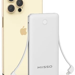 miisso 10000mAh Slim Portable Charger with Built in Cable, Power Bank Travel Charger External Battery Pack for Phone, 4 Output USB Type C Cord Clutch Charger Compatible with iPhone, White