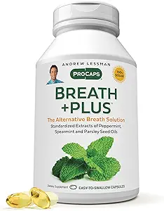 ANDREW LESSMAN Breath Plus 60 Softgels - Natural Breath Freshener, Helps Eliminate Odors from Food, Smoking, Morning Breath from The Inside Out. Peppermint, Spearmint. Easy to Swallow Softgels