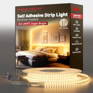 Shine Decor LED Strip Light Super Bright 8000LM, Plug&Play 120V Driverless Easy Wiring, Flicker Free Weatherproof for Outdoor Indoor, Min. 3.9” Cuttable Stickable, 2800K Warm White 32FT ETL Listed