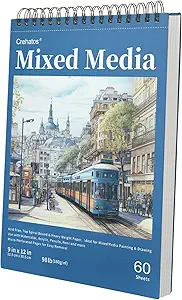 Crehatos Mixed Media Sketchbook 9" x 12", Top Spiral Bound Sketch Pad, 60 Sheets 98lb/160gsm Drawing Paper for Wet and Dry Media, 1 Pack