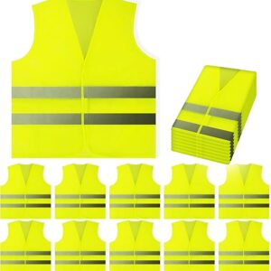 PeerBasics Safety Vests 10 Pack - Yellow Reflective High Visibility, Hi Vis Silver Strip, Men Women, Work, Cycling, Runner, Surveyor, Volunteer, Crossing Guard, Road, Construction, Neon (Mesh, 10)