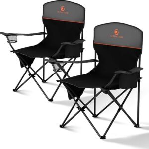 ALPHA CAMP Folding Camping Chairs for Adults Lawn Chairs Outdoor Chairs Support 250 LBS Portable Camp Chairs with Cup Holders Cooler Pouch for Outdoor, 2 Pack (Black)