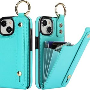 Folosu for iPhone 15 Wallet Case with Card Holder, Hand Wrist Strap Loop Holder Kickstand, RFID Blocking Finger Grip Ring PU Leather Double Buttons Shockproof Cover 6.1" Green