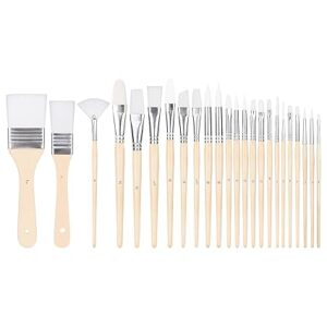 Amazon Basics Multi-shaped Polyester Paint Brushes for for Acrylic, Oil, Watercolor, Gouache, 24 count Different Sizes, Wood Color