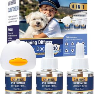 Dog Pheromone Calming Diffuser 4 In 1 Appeasing Pet Pheromones Diffuser to Calm Kit (Plug in+ 3 Pack 48ml Refill) for Anxiety Relief Reduce Barking Aggression Fighting Stress 90 Day Supply(Tasteless)