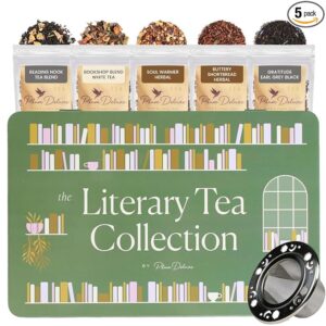 Literary Tea Collection Assorted Tea Gift Set - Hand-Crafted Loose Leaf Teas, Presentation Gift Box with Loose Leaf Steeper Included - Mixed Caffeine - 5 Unique and Flavorful Teas, 75+ Cups