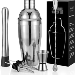 Cocktail Shaker Set, 6-Piece Mixology Bartender Kit Premium Shakers Bartending: Martini Shaker Jigger Mixing Spoon Muddler 2 Pourers Bar Tools Set with Built-in Bartender Strainer for Drink Shaker