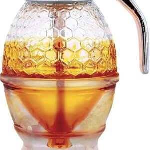 Hunnibi 8oz No Drip Glass Honey Dispenser with Stand - Honeycomb-Style Syrup Server and Bee-Themed Storage Jar - Clear Container for Honey, Maple Syrup - 11 x 6.6 in