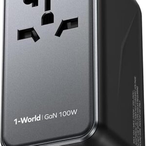 MOMAX Universal Travel Adapter, 100W Fast GaN International Power Adapter, 2PD USB-C+2QC USB-A Travel Adapter, US, UK, EU, AU Travel Adapter Worldwide for Laptops, Tablets, Phones, Vision Pro