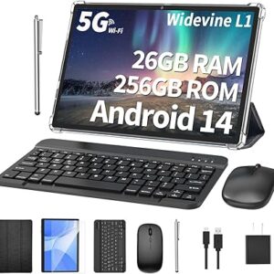 Android Tablet with Keyboard, 26GB RAM, 256GB ROM(1TB Expand), 10.1 inch Android 14 Tablet, 8000mAh Battery, BT 5.0, GMS Certified, 2.4G&5G WiFi, 2 in 1 Tablets with Mouse, Case, Stylus(Black)