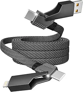 4 in 1 Charging Cable 65W, USB C Cable Fast Charger Cord with E-Mark Chip, USB A/C to C/Lightning Cable, Multi iPhone Charger Cord for iPhone16/15/14/13 Series/Phones/Pads and Laptop