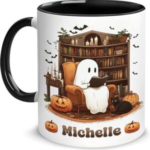 Hyturtle Personalized Cute Ghost Read Book Mug - Book Gifts For Women Lover - Bookish Gift For Bookworm Librarian - Inspirational Librarian Teacher Present - Custom Coffee Cup Ceramic Mug 11 Oz 15 Oz