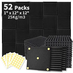 52 Pack Acoustic Foam Panels 1" x 12" x 12" Sound Proof Foam Panles Soundproofing Noise Cancelling Wedge Panels for Home Office Recoding Studio with 300PCS Double-Side Adhesive