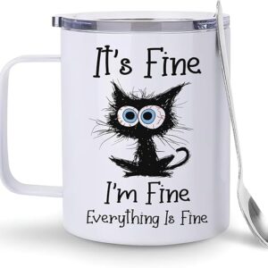 Hyturtle Funny Black Cat Gifts For Cats Lover - It's Fine I'm Fine Everything Coffee Tumbler Cup Mug Stainless Steel 12 Oz - Cats Gifts For Women - Birthday Gift For Cat Lovers On Birthday Christmas