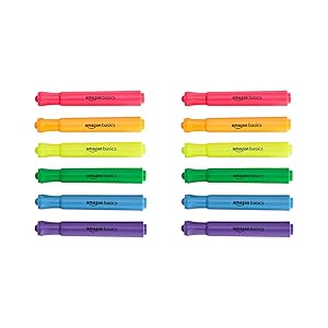 Amazon Basics Highlighters 12 Pack, Assorted Colors, Chisel Tip,Bible Highlighter,Office and School Supplies