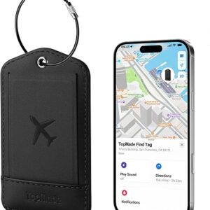TopMade Smart Luggage Tag with Apple Find My, Premium Leather Luggage Tags for Suitcase, Travel Bags, Backpacks, Anti-Lost Suitcase Tag Tracker for Travel with Privacy Name Card, Rechargeable
