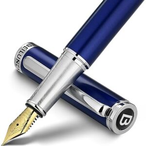 BEILUNER Luxury Fountain Pen Set,Solid 24K Gilded Fine Nib, Modern Classic Limited Edition -Includes 6 Ink Cartridges&Ink Refill Converter with Gift Case-Perfect for Men and Women（Charming blue）