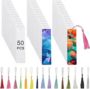 50 Pcs Sublimation Bookmark Blank Heat Transfer Aluminum Metal Bookmarks Bulk DIY Bookmarks with Hole and Colorful Tassels for Crafts,Personalized Tassels Blank Bookmarks