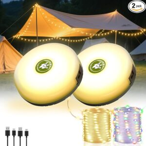 2Pack Camping String Lights, 4-in-1 Quick Storage Camp Light, 8Mode 32.8FT Hanging Tent Lights, Rechargeable Camp Lamp As Camping Essentials Gear, Waterproof LED Lantern for Hiking Travel Patio Party