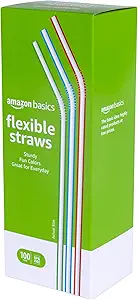 Amazon Basics Disposable Striped Plastic Flex Straws, 7.5" Long, Assorted Colors, 100 Count, Large Pack