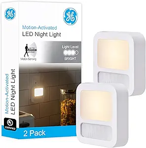 GE LED Motion Sensor Night Light, Plug-In, Dusk-to-Dawn Sensor, 20 Lumens, Soft White, Ideal for Bedroom, Bathroom, Kitchen, or Hallway – 46439 (2 Pack)