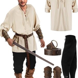 Jiuguva 4 Pcs Halloween Men's Renaissance Costume Set Medieval Pirate Shirt Ankle Banded Pants Viking Belt Accessories