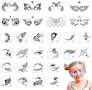 28 Pcs Face Paint Stencils Kit - Reusable Face Tattoo & Body Makeup Painting Templates for Kids & Adults - Mix01