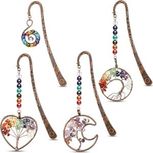 4 Pcs 7 Chakra Crystal Bookmark Antique Copper Metal Beading Healing Stone Vintage Bookmarks Tumbled Gemstones Book Markers for Student Office Birthday Present(Fresh Style)