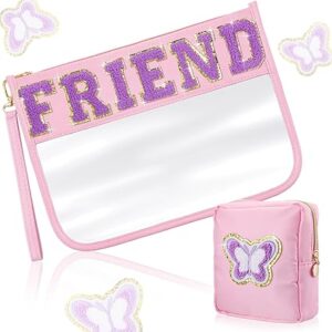 Hillban 2 Pcs Friends Makeup Cosmetic Bag Friendship Gifts for Women Chenille Letter Bag Clear Toiletry Pouch Travel Purse with Zipper Friendsgiving Birthday Gift