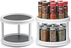 2 Pack, 2 Tier 10" Turntable Lazy Susan Spice Organizer - Rotating Seasoning Rack Spinner for Pantry Cabinet Kitchen Countertop, Table Top Organizing - Multiuse Two Tier Rotating Organization Rack