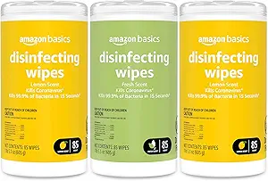 Amazon Basics Wipes, Lemon & Fresh Scent, Sanitizes, Cleans & Deodorizes, 255 Count (3 Packs of 85)