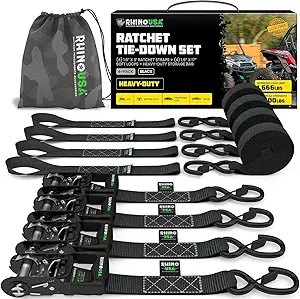 Rhino USA Ratchet Straps Heavy Duty Kit (4-Pack) - 1.6 Inch x 8 Feet (5,208lb Break Strength) - Ultimate Tie Down Straps with Safety S Hooks for Trucks, ATV, UTV, Motorcycle, Cargo & More - Black