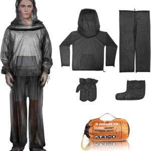 HOMEYA Bug Jacket L/XL, Anti Mosquito Netting Suit with Zipper on Hood Ultra-fine Mesh Pants Mitt Socks with Free Carry Pouch for Protecting Hunting Fishing Men Women